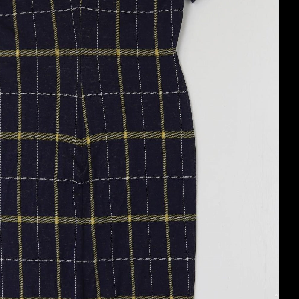 marks and Womens Blue Check Polyester Pencil Dress Size 14 Round Neck Zip