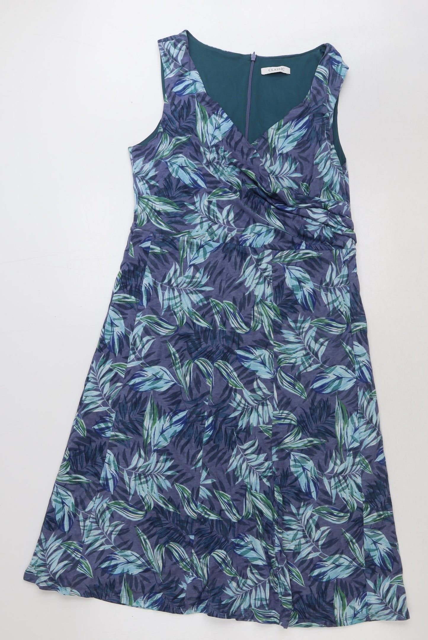Marks and Spencer Womens Blue Floral Polyester A-Line Size 14 V-Neck Zip