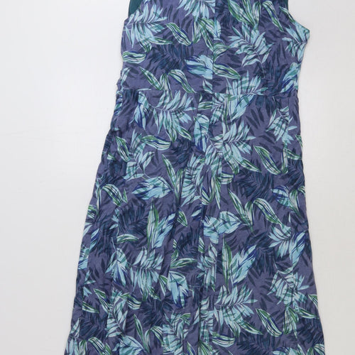 Marks and Spencer Womens Blue Floral Polyester A-Line Size 14 V-Neck Zip