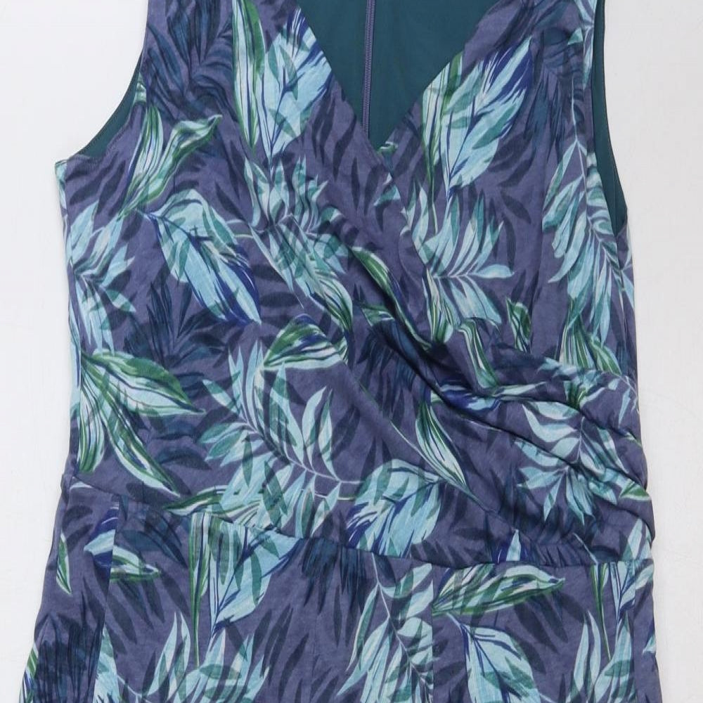 Marks and Spencer Womens Blue Floral Polyester A-Line Size 14 V-Neck Zip