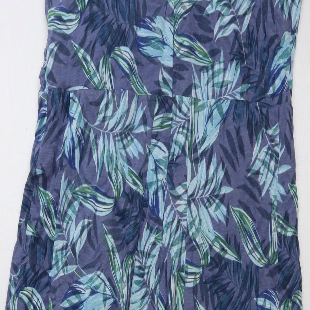 Marks and Spencer Womens Blue Floral Polyester A-Line Size 14 V-Neck Zip