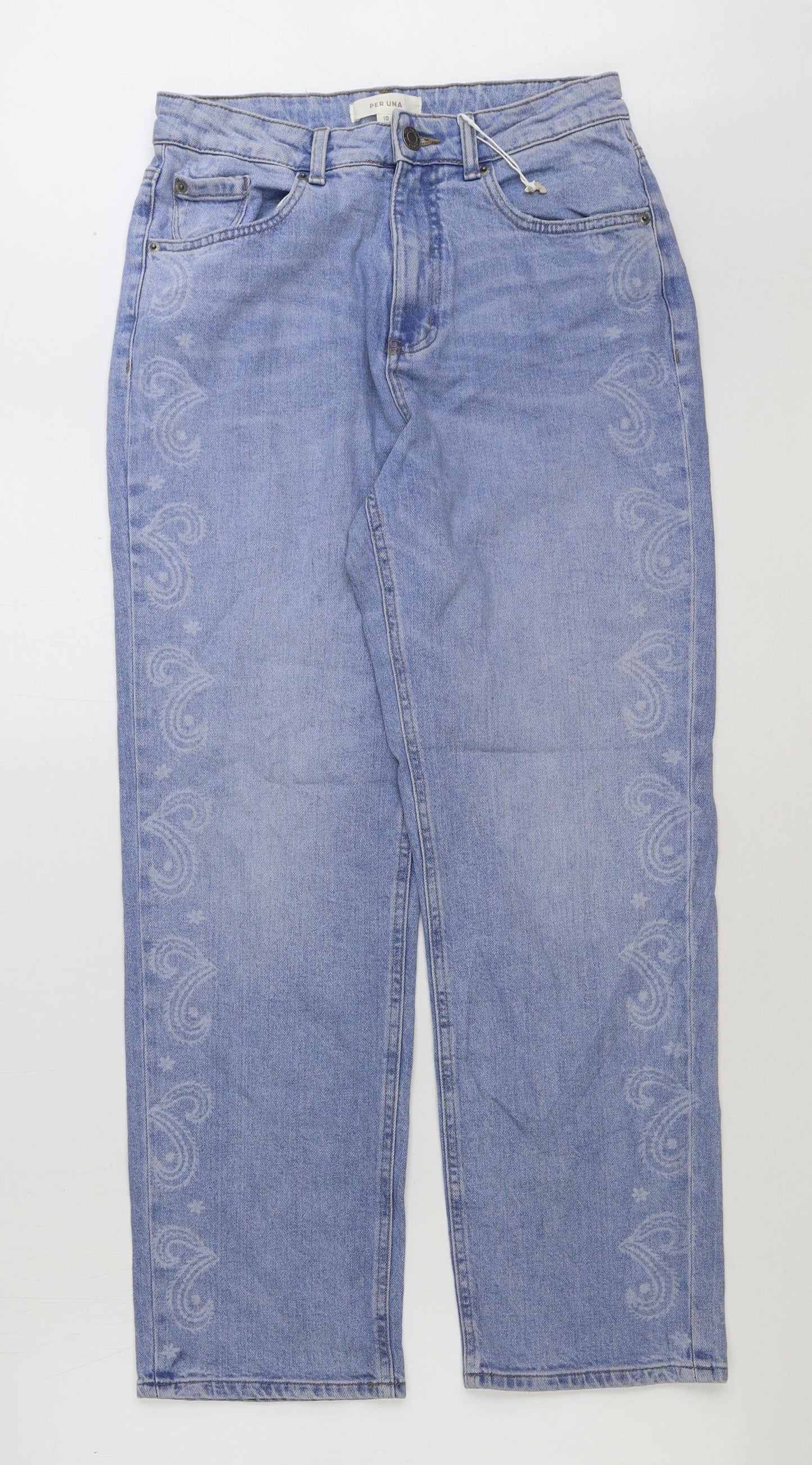Marks and Spencer Womens Blue Paisley Cotton Mom Jeans Size 10 L28 in Regular Button