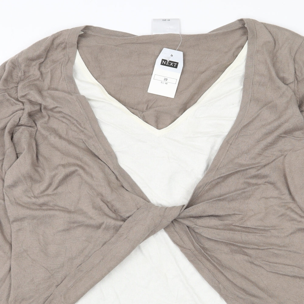 NEXT Womens Beige Viscose Basic T-Shirt Size 20 V-Neck - Knot Front