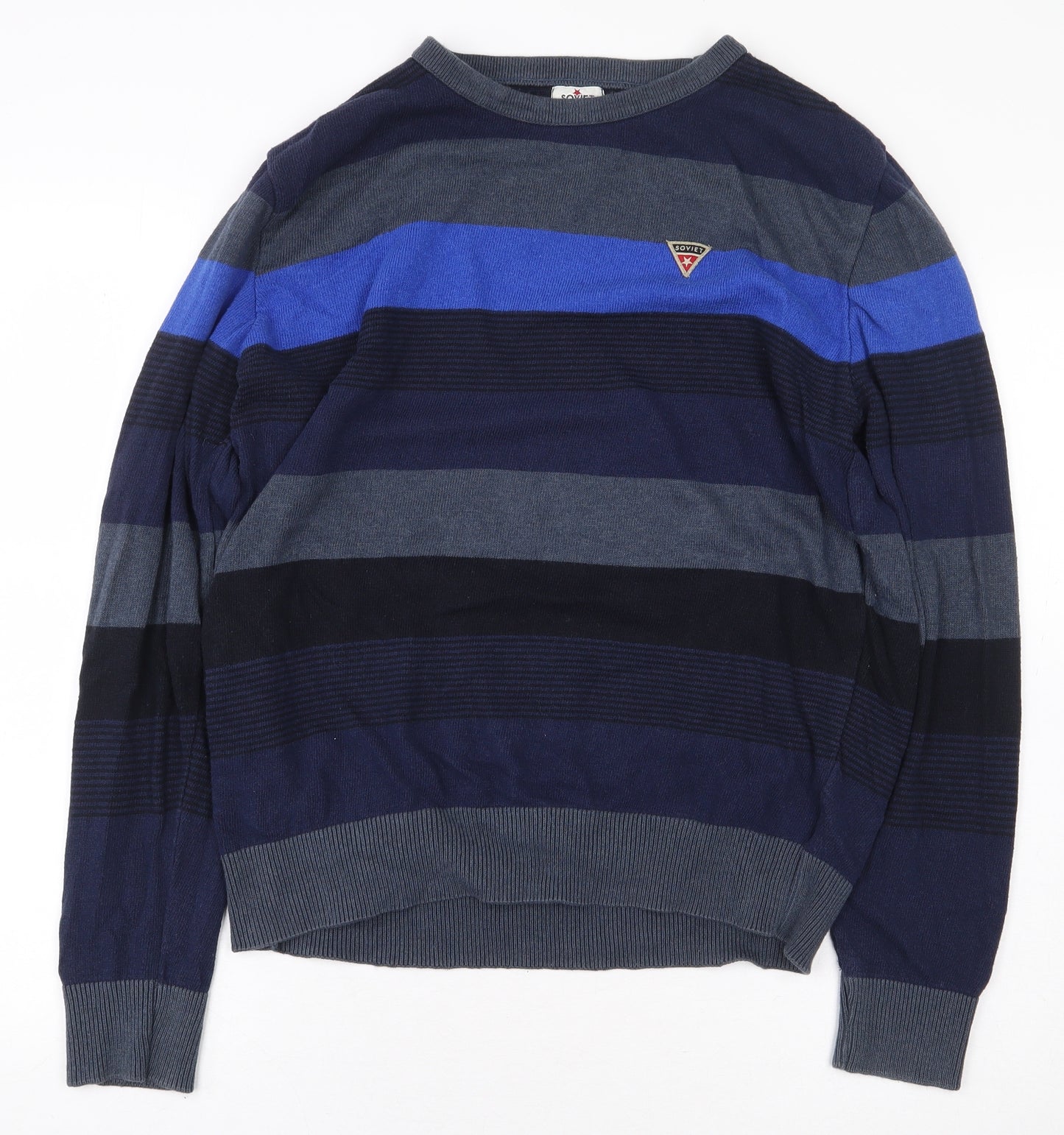 Soviet Mens Blue Striped Cotton Pullover Sweatshirt Size L
