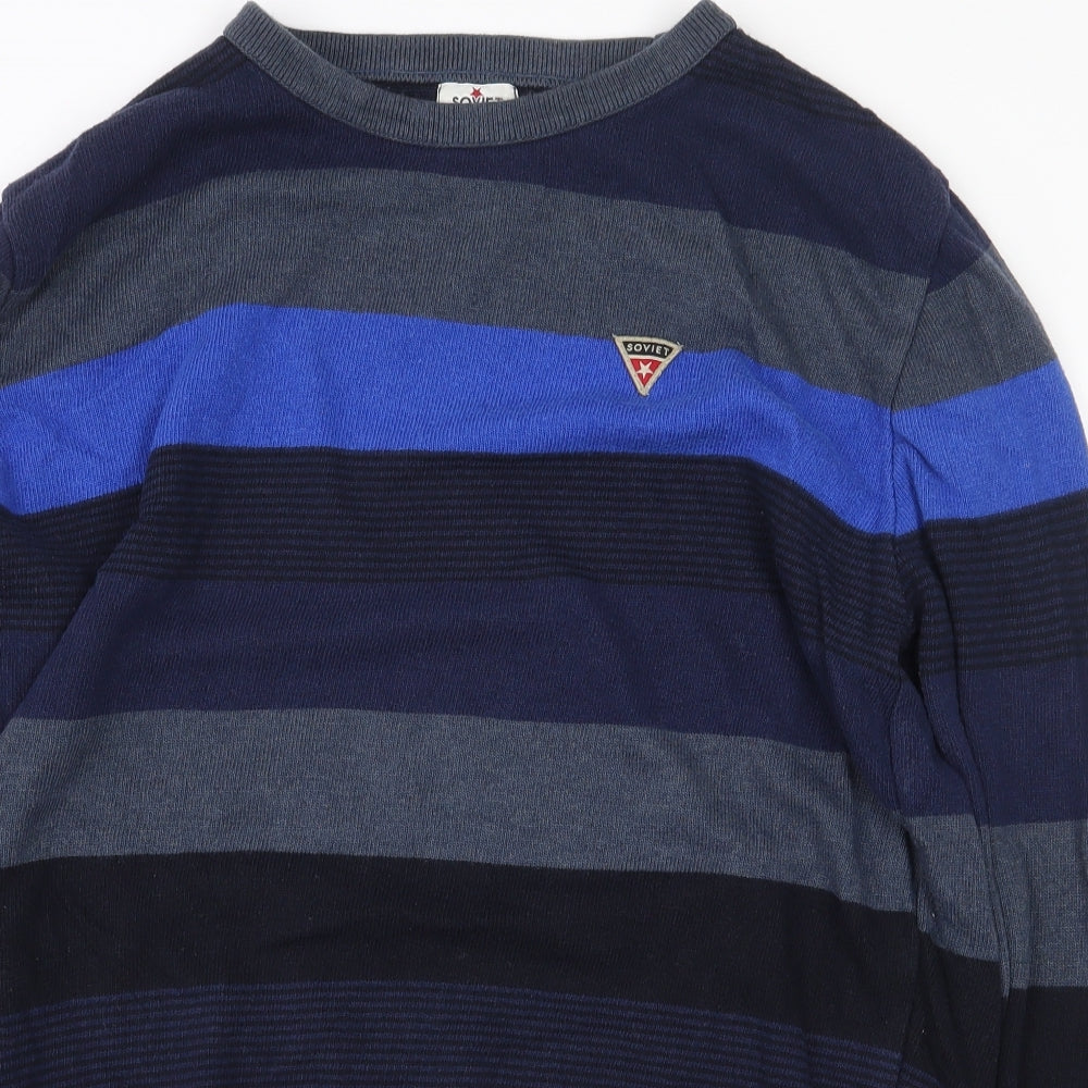 Soviet Mens Blue Striped Cotton Pullover Sweatshirt Size L
