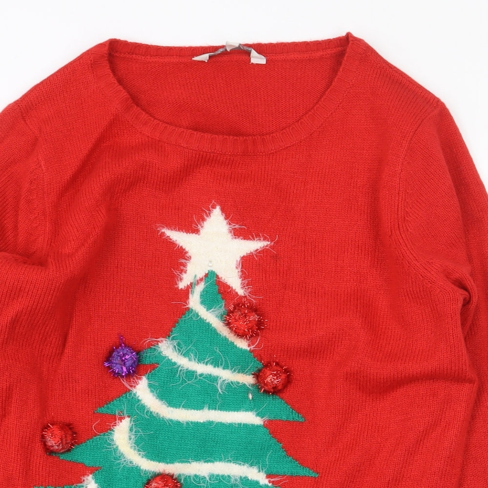 Peacocks Womens Red Round Neck Acrylic Pullover Jumper Size M - Christmas