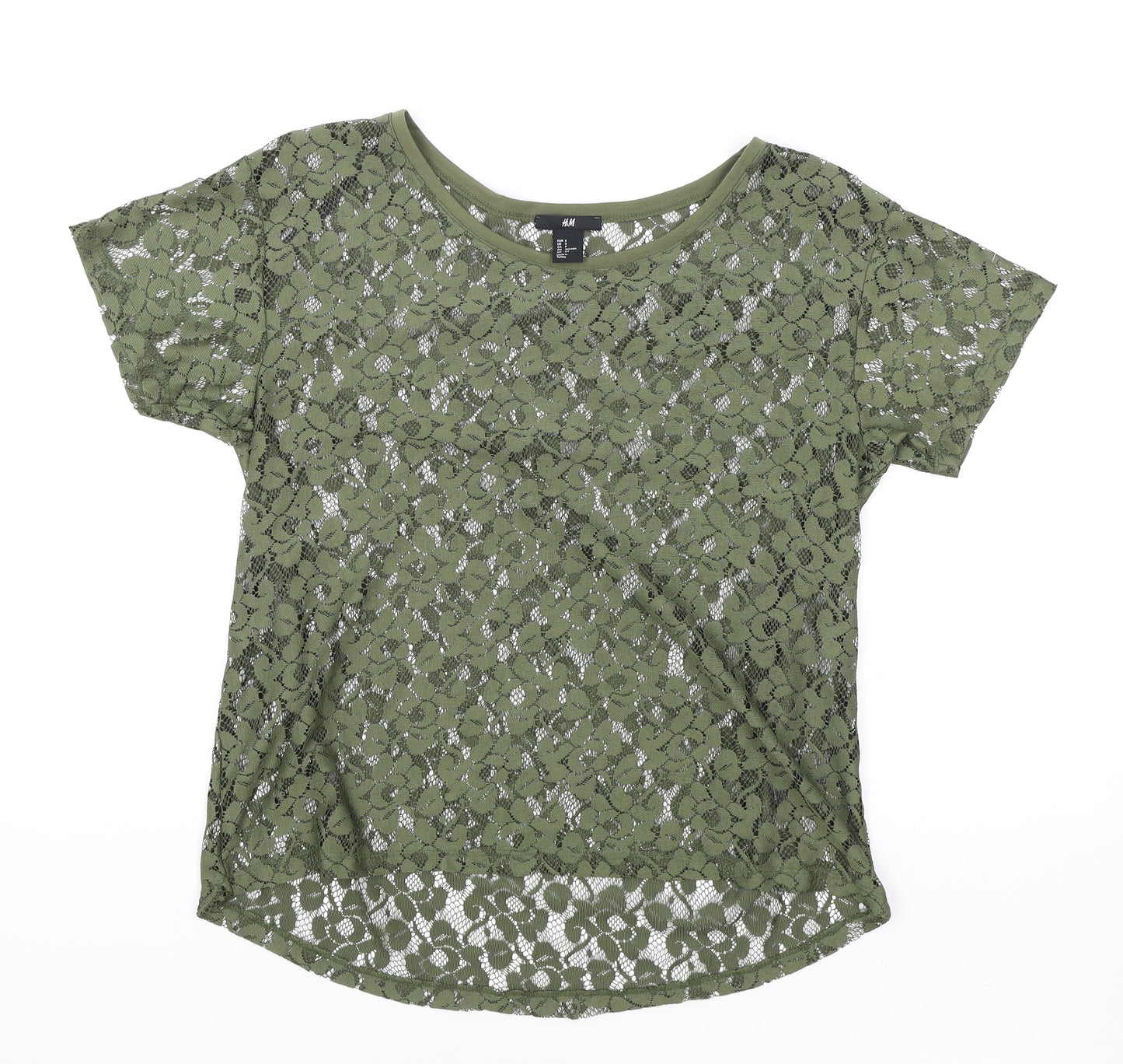 H&M Womens Green Floral Polyester Basic T-Shirt Size S Round Neck