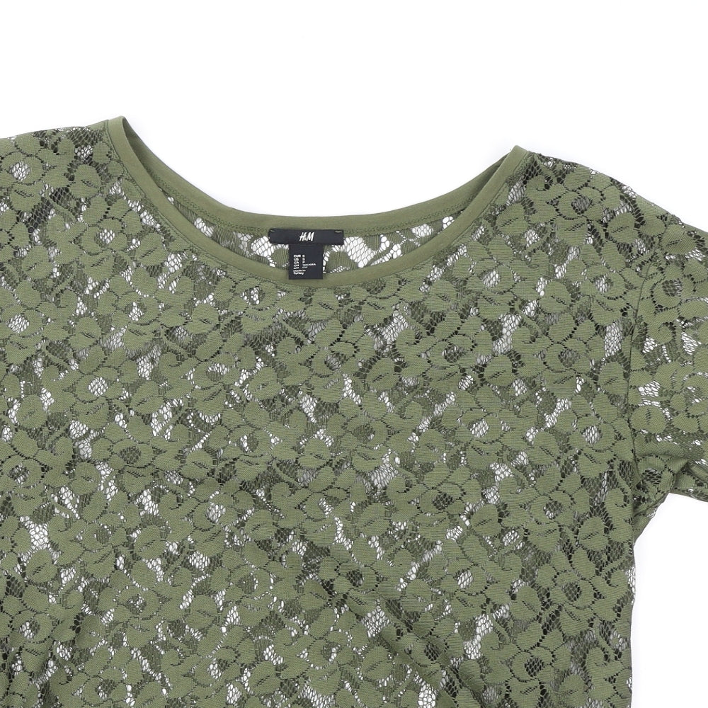 H&M Womens Green Floral Polyester Basic T-Shirt Size S Round Neck
