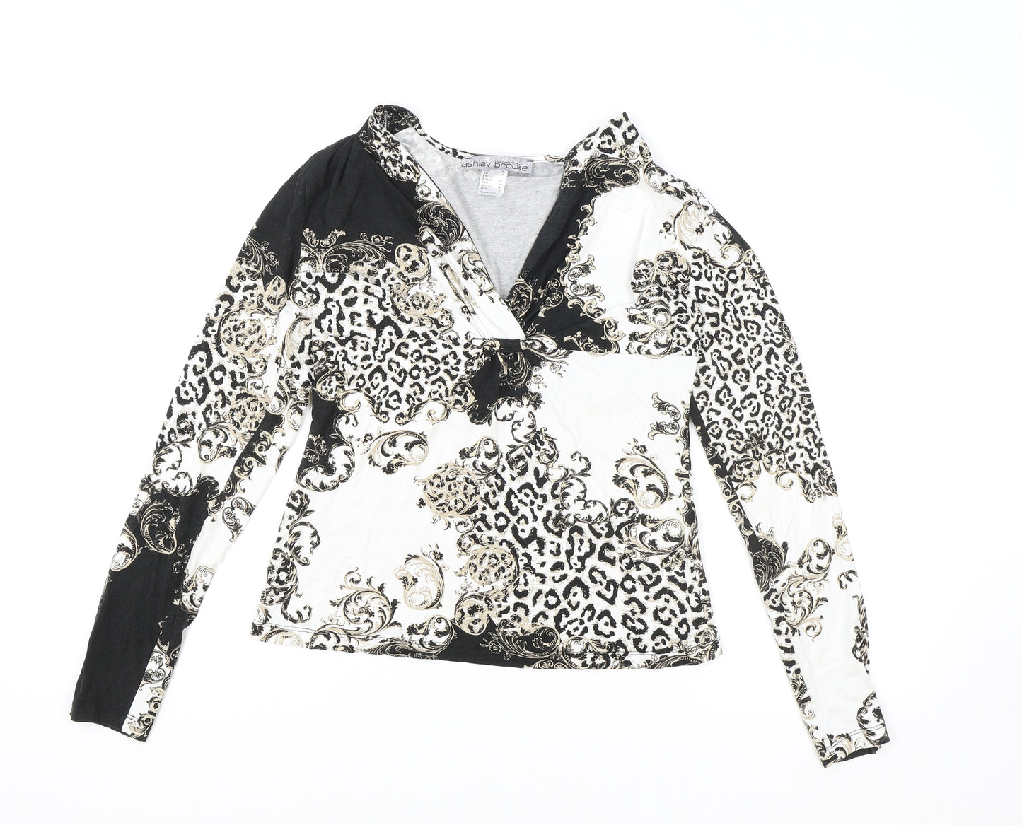 Ashley Brooke Womens Black Geometric Viscose Basic T-Shirt Size 12 V-Neck