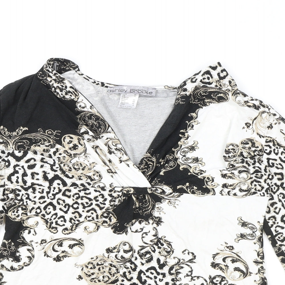 Ashley Brooke Womens Black Geometric Viscose Basic T-Shirt Size 12 V-Neck