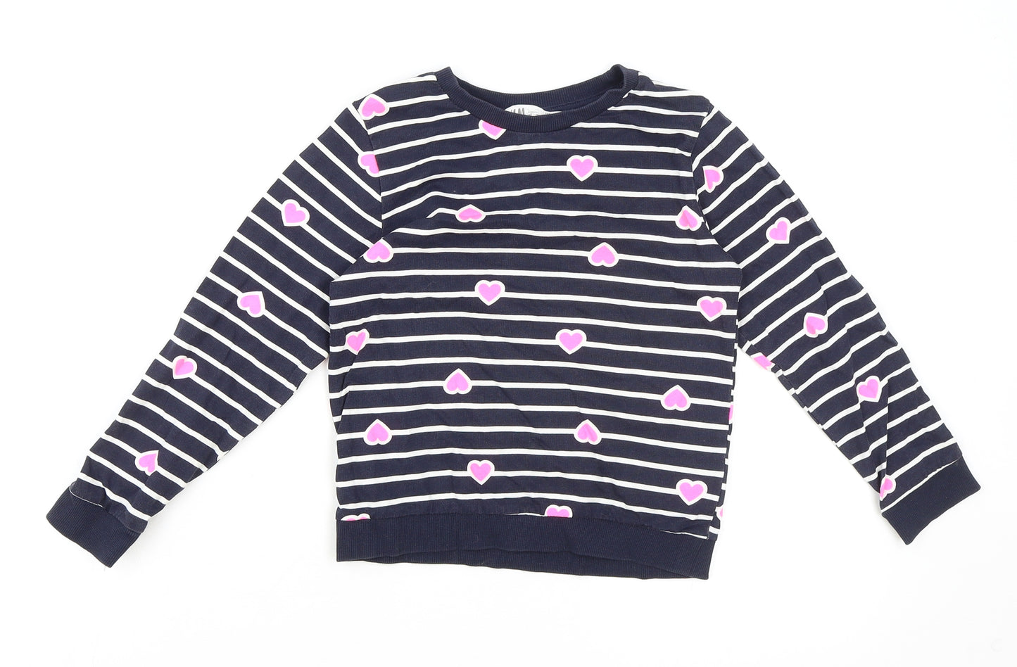 H&M Girls Blue Crew Neck Striped 100% Cotton Pullover Jumper Size 4 Years Pullover - Heart