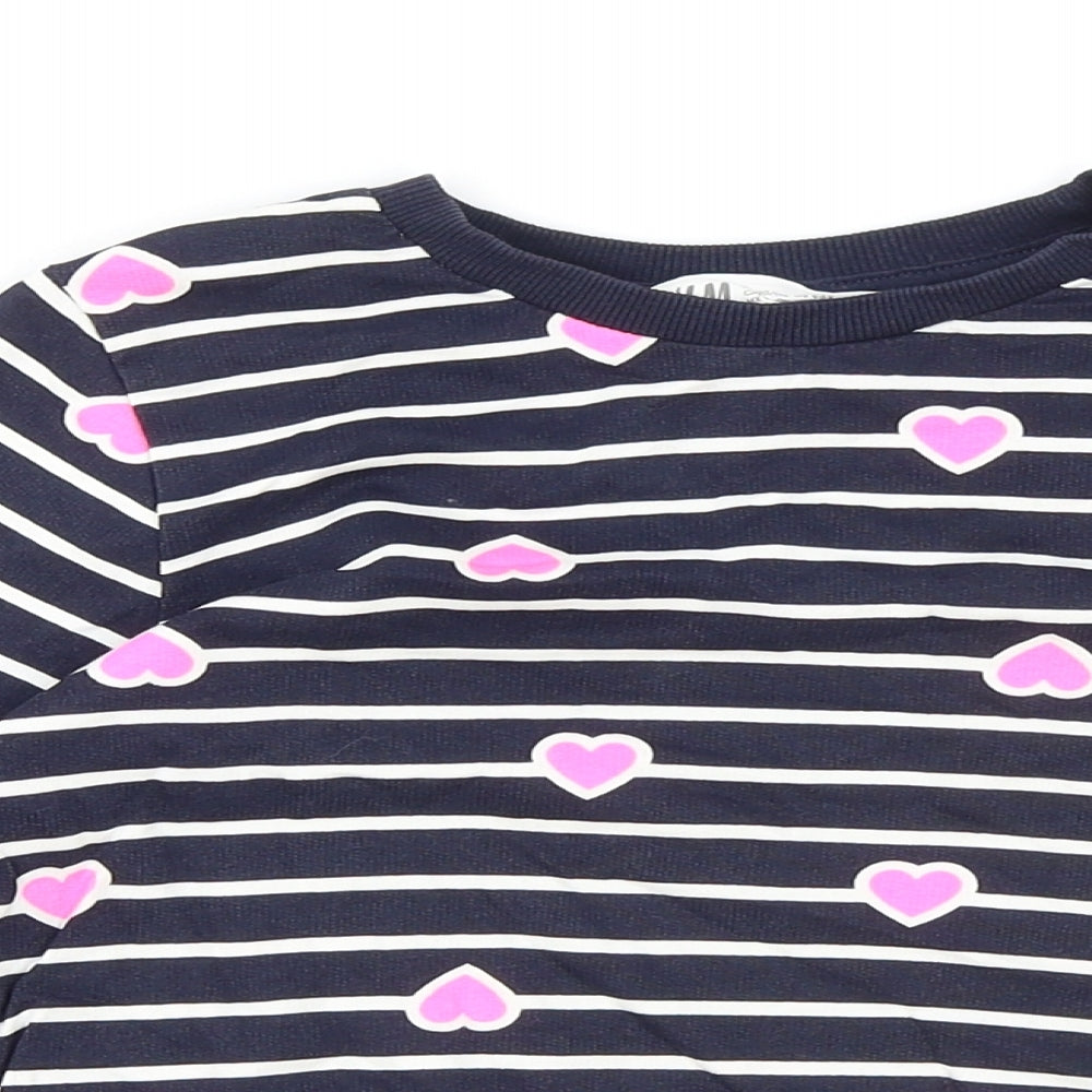 H&M Girls Blue Crew Neck Striped 100% Cotton Pullover Jumper Size 4 Years Pullover - Heart