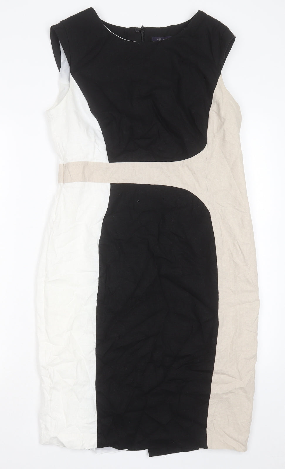 Marks and Spencer Womens Black Linen Sheath Size 14 Crew Neck Zip