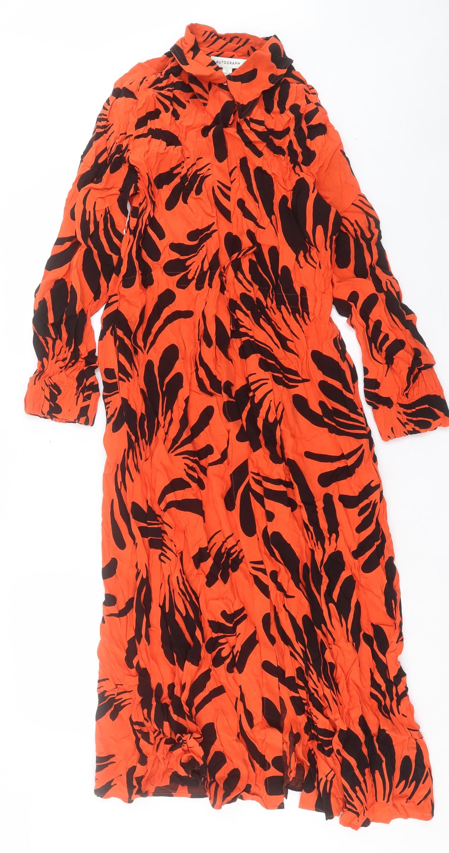 Autograph Womens Orange Geometric Viscose A-Line Size 12 Collared Button