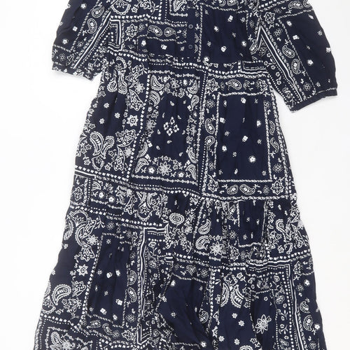 Marks and Spencer Womens Blue Paisley Cotton A-Line Size 12 Crew Neck Button