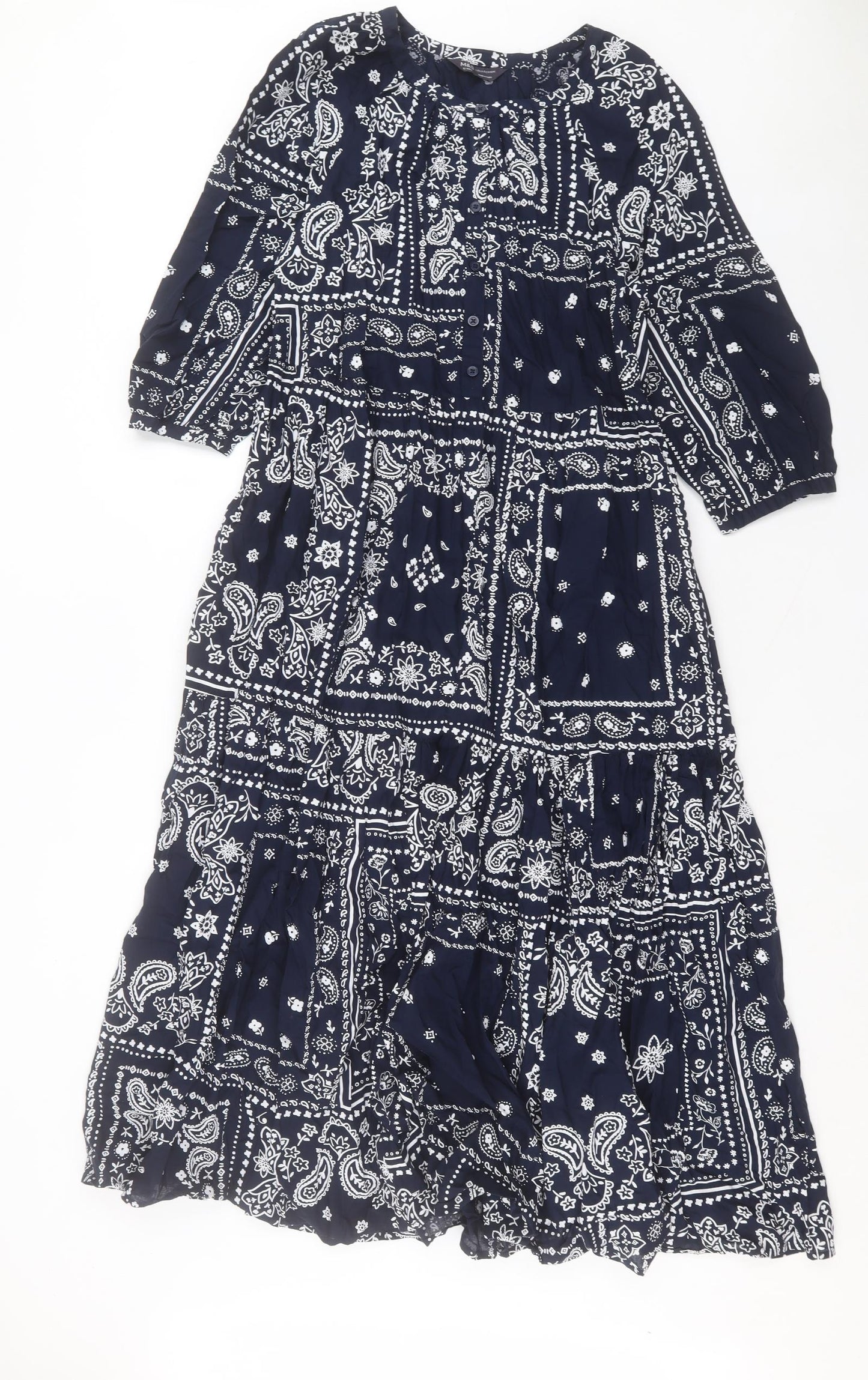 Marks and Spencer Womens Blue Paisley Cotton A-Line Size 12 Crew Neck Button