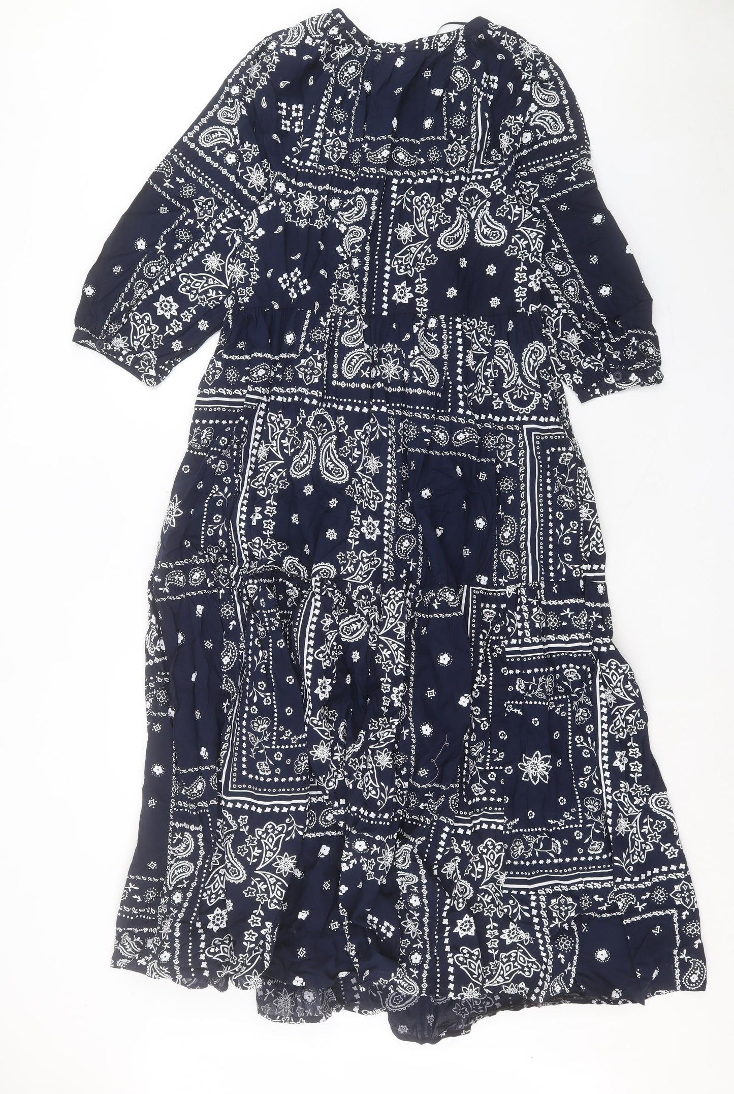 Marks and Spencer Womens Blue Paisley Cotton A-Line Size 12 Crew Neck Button