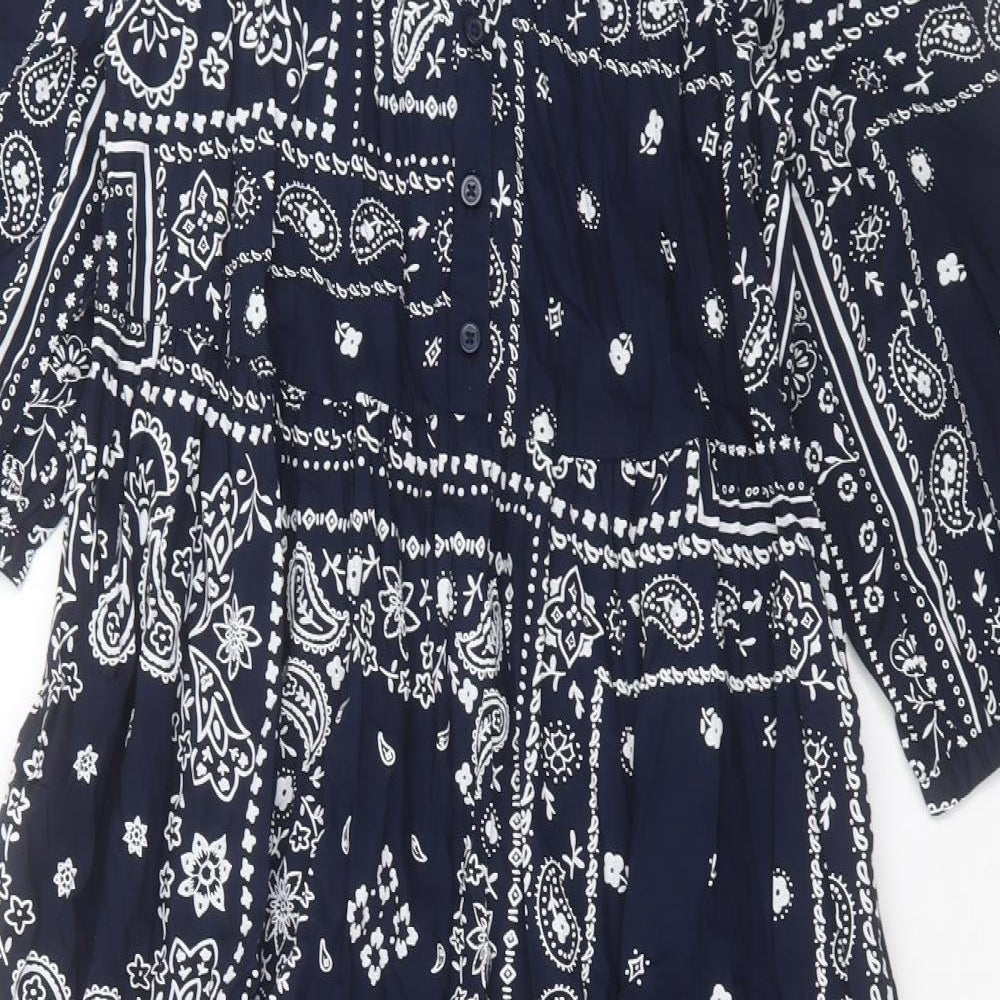 Marks and Spencer Womens Blue Paisley Cotton A-Line Size 12 Crew Neck Button