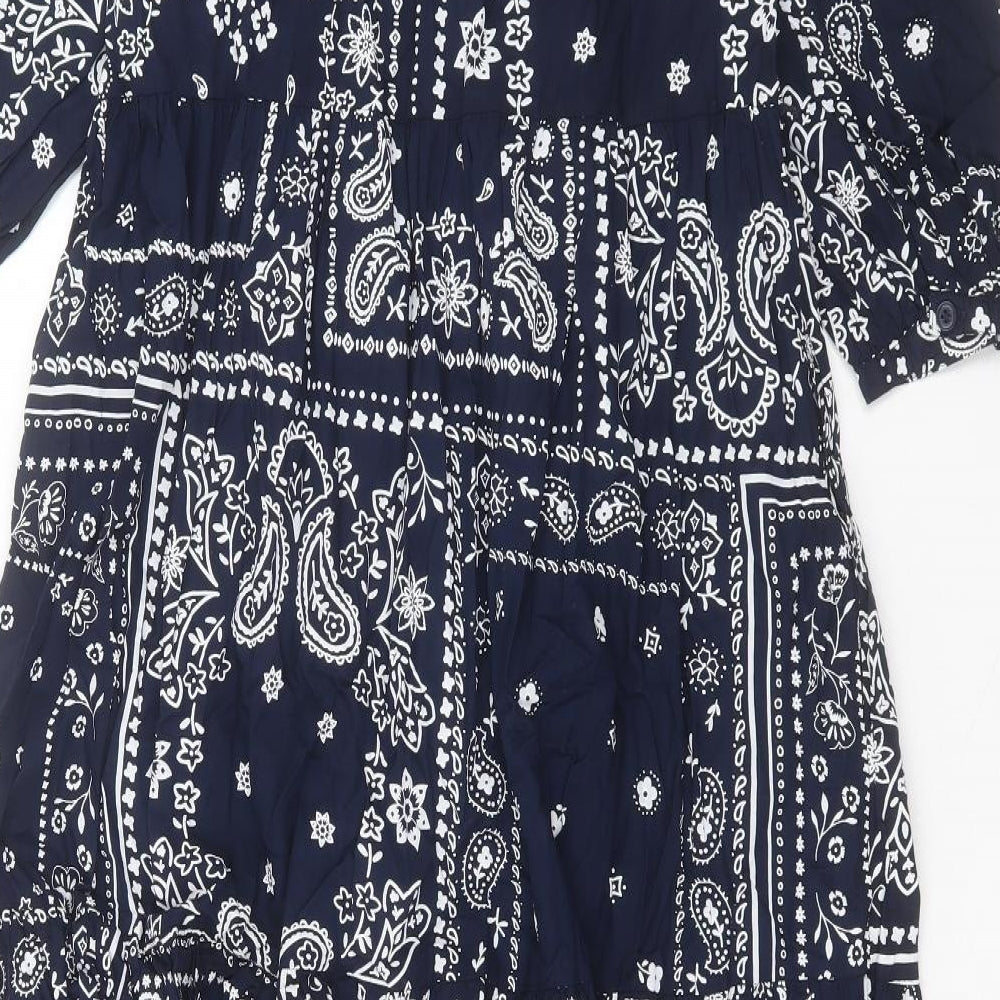 Marks and Spencer Womens Blue Paisley Cotton A-Line Size 12 Crew Neck Button