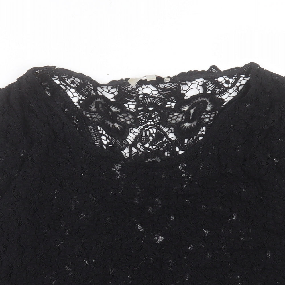 Per Una Womens Black Floral Viscose Basic T-Shirt Size 14 Scoop Neck