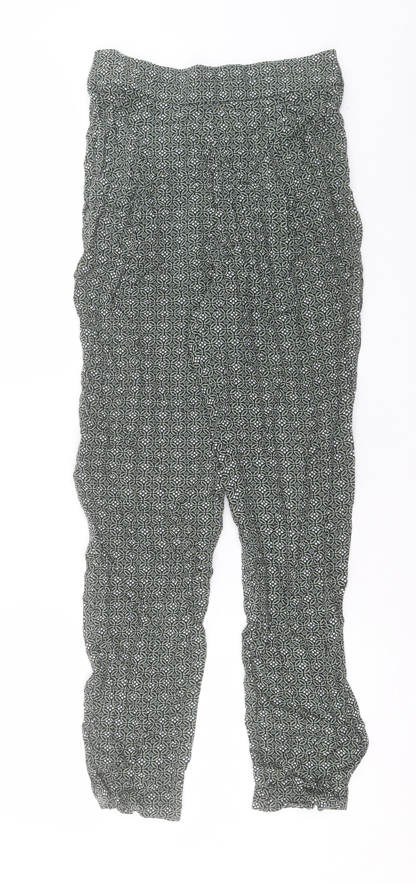 Marks and Spencer Womens Green Geometric Viscose Trousers Size 10 L30 in Regular