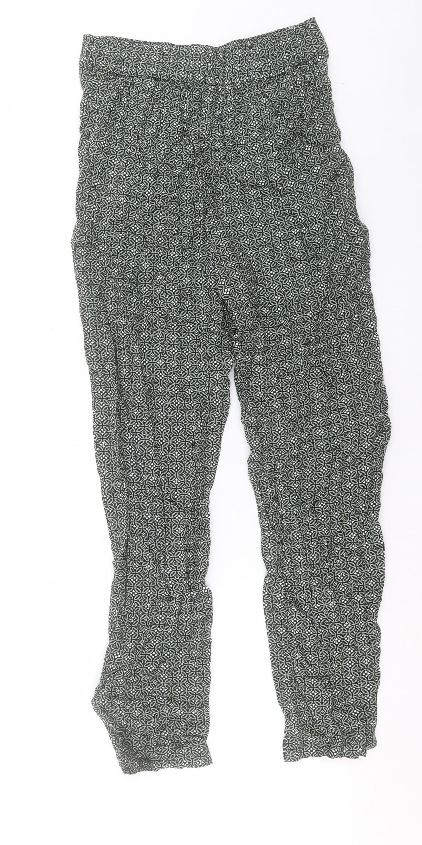 Marks and Spencer Womens Green Geometric Viscose Trousers Size 10 L30 in Regular