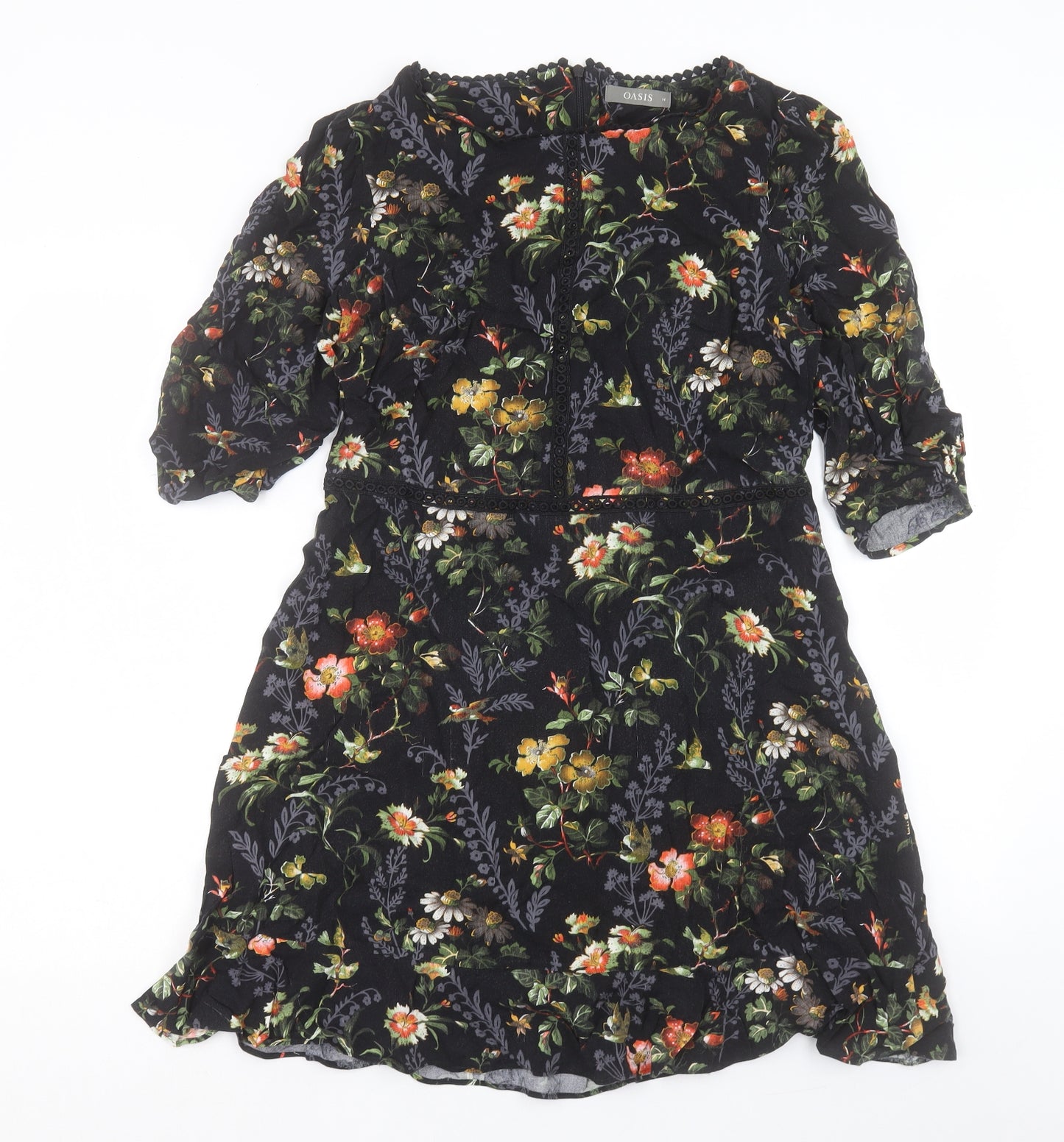 Oasis Womens Black Floral Viscose A-Line Size 14 Crew Neck Zip