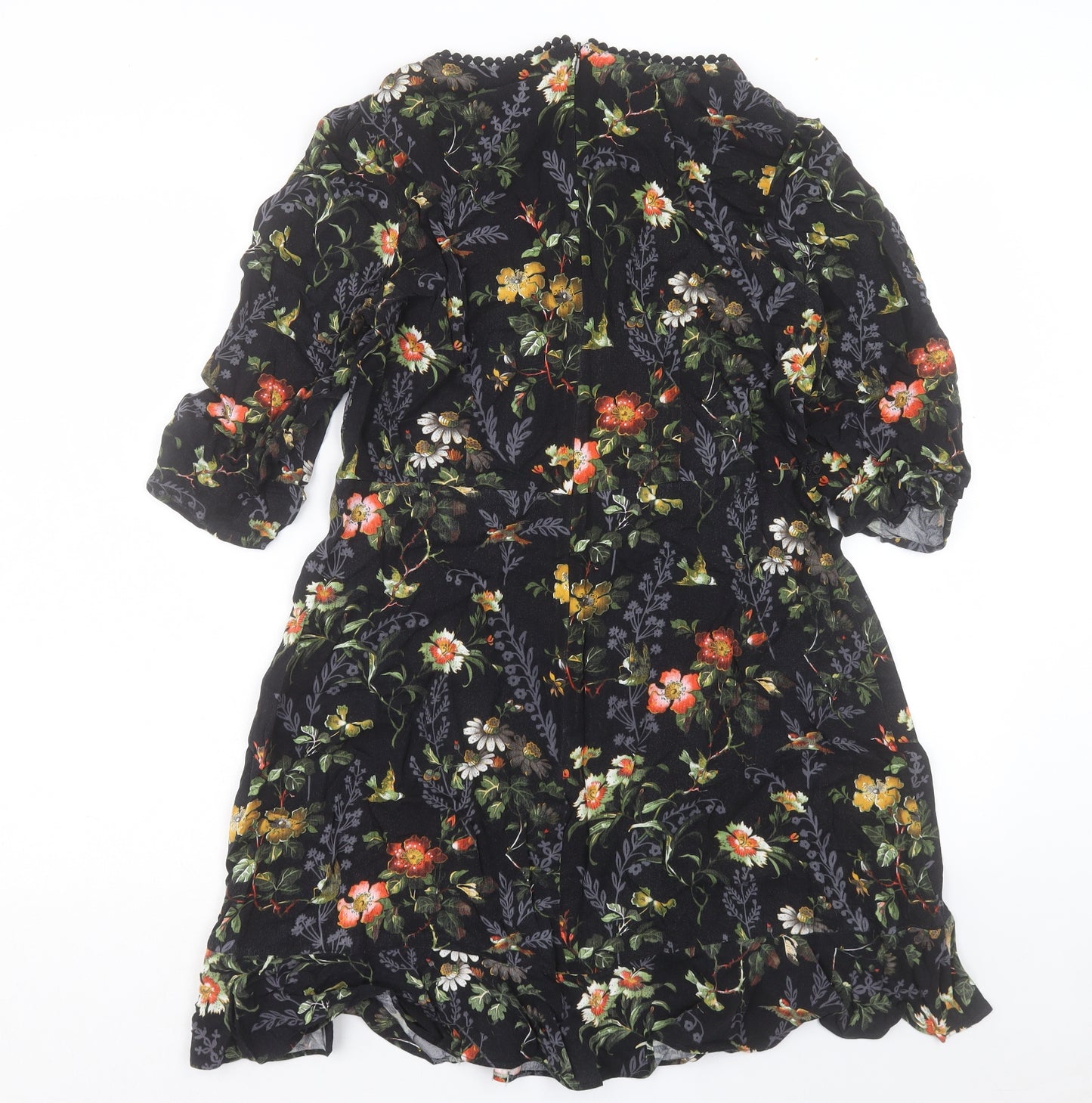 Oasis Womens Black Floral Viscose A-Line Size 14 Crew Neck Zip