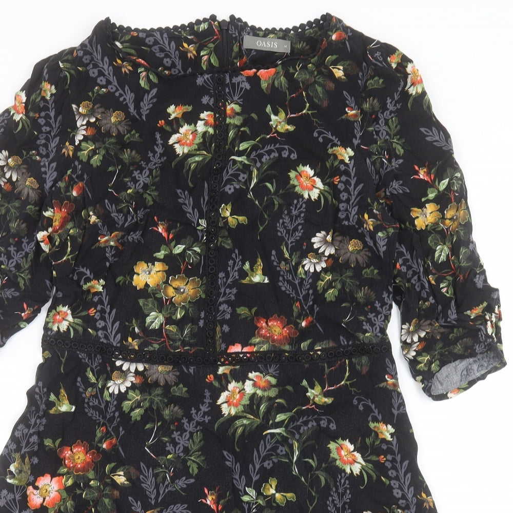 Oasis Womens Black Floral Viscose A-Line Size 14 Crew Neck Zip