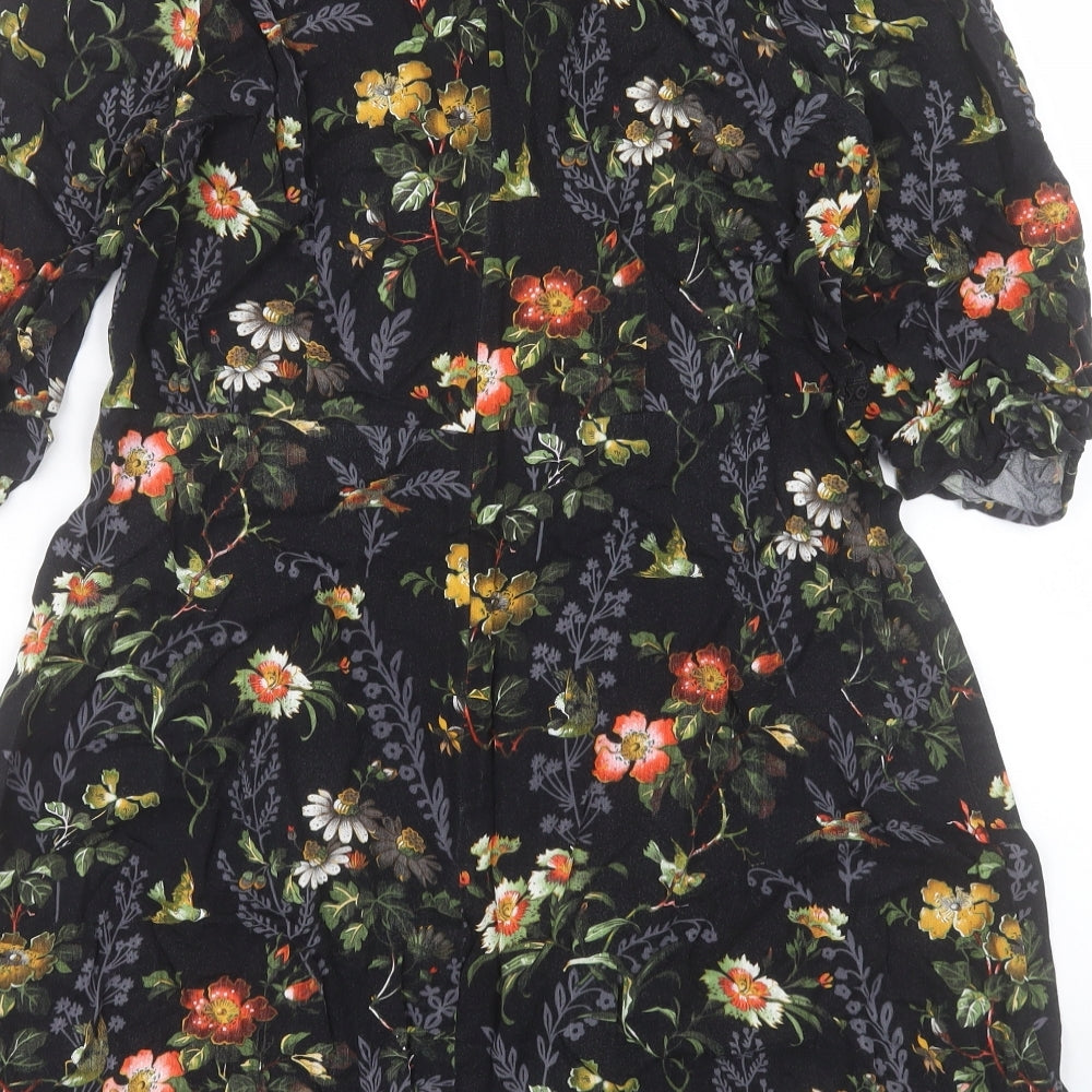 Oasis Womens Black Floral Viscose A-Line Size 14 Crew Neck Zip