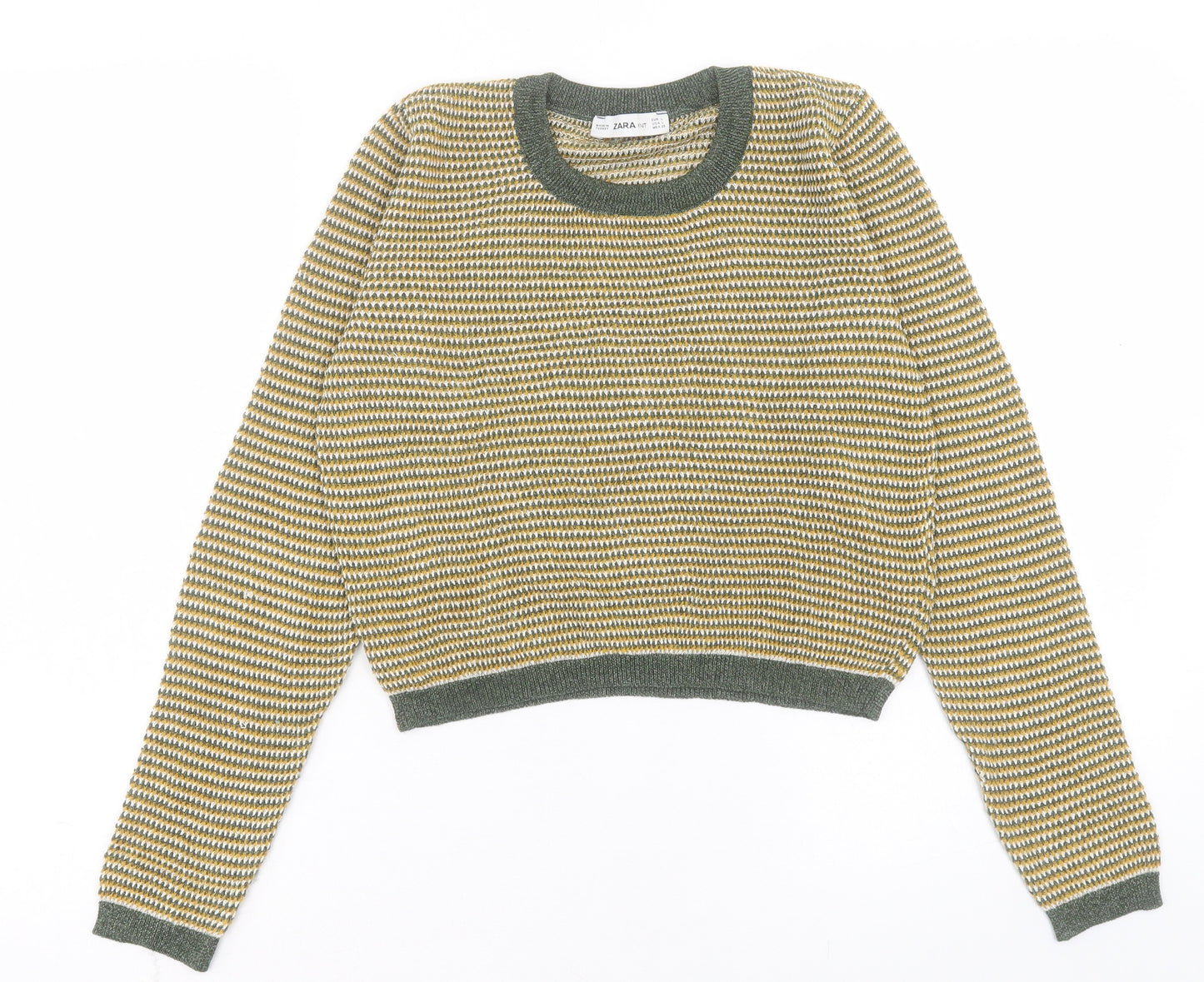 Zara Womens Yellow Crew Neck Striped Acrylic Pullover Jumper Size L - Cropped