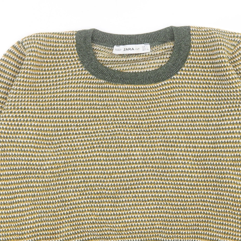 Zara Womens Yellow Crew Neck Striped Acrylic Pullover Jumper Size L - Cropped