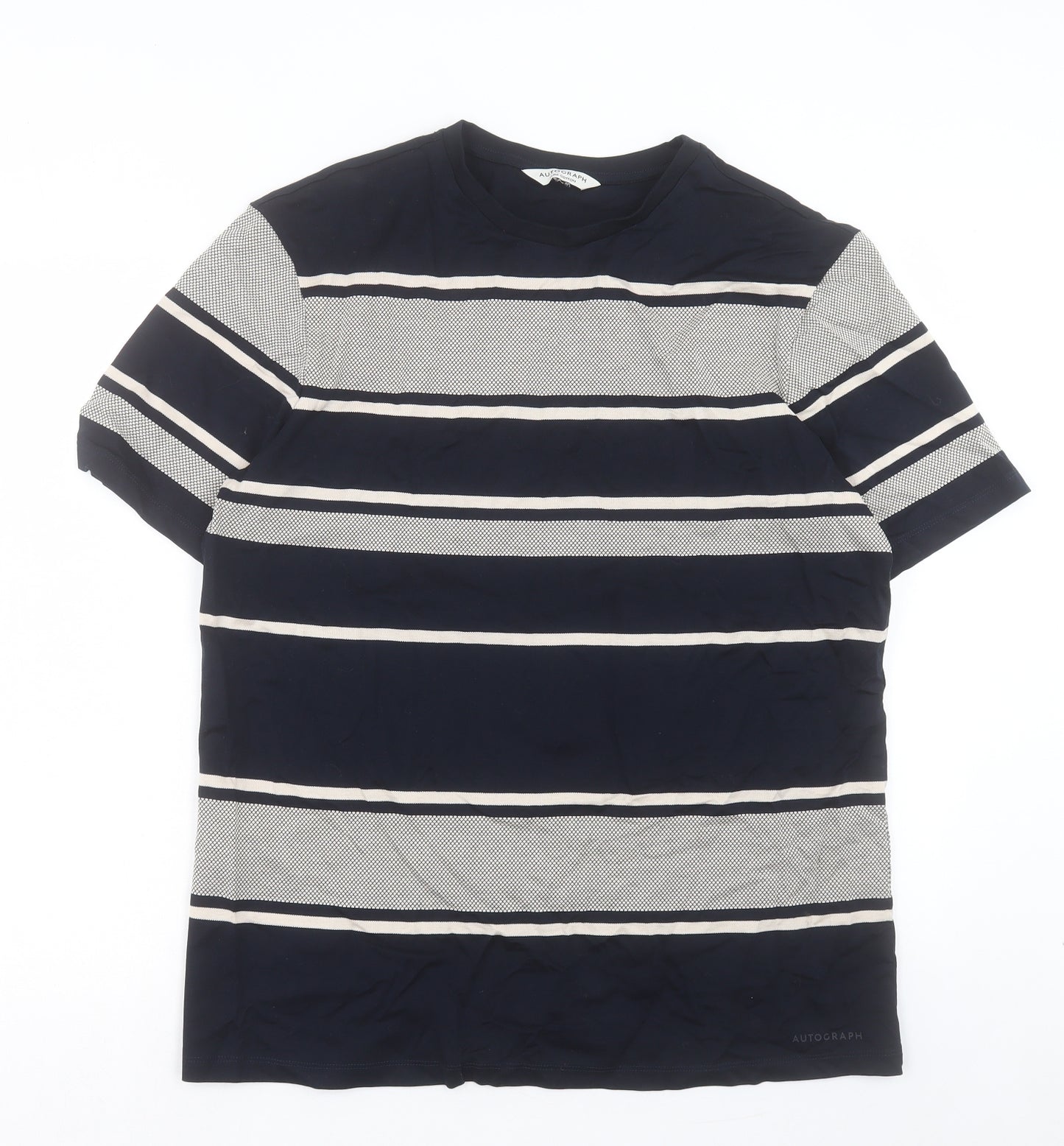 Autograph Mens Blue Striped Cotton T-Shirt Size L Crew Neck