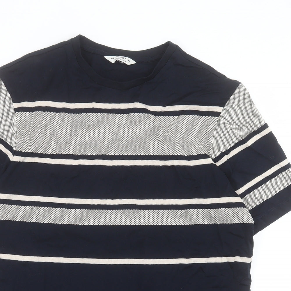 Autograph Mens Blue Striped Cotton T-Shirt Size L Crew Neck