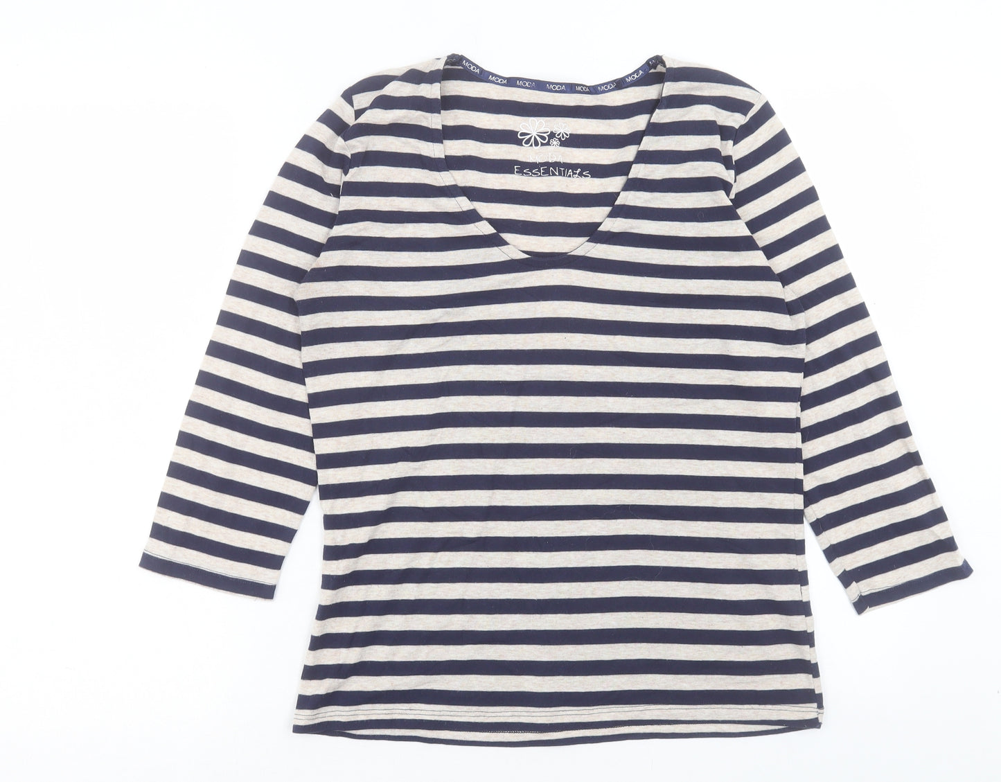 George Womens Beige Striped Polyester Basic T-Shirt Size 14 V-Neck