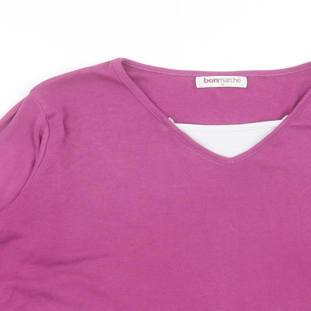 bonmarch Womens Purple Polyester Basic T-Shirt Size M V-Neck