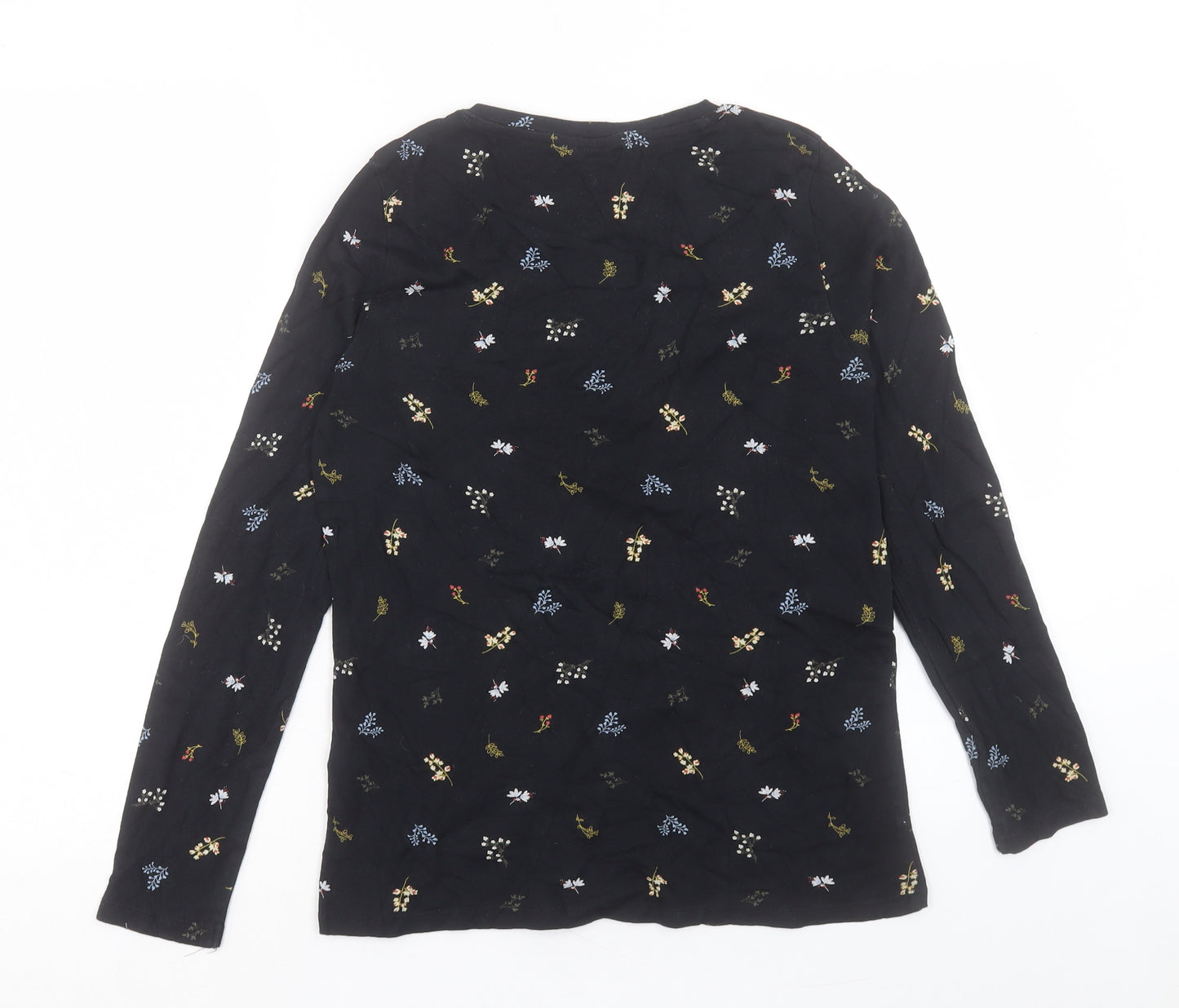 Marks and Spencer Womens Black Floral Cotton Basic T-Shirt Size 14 Crew Neck