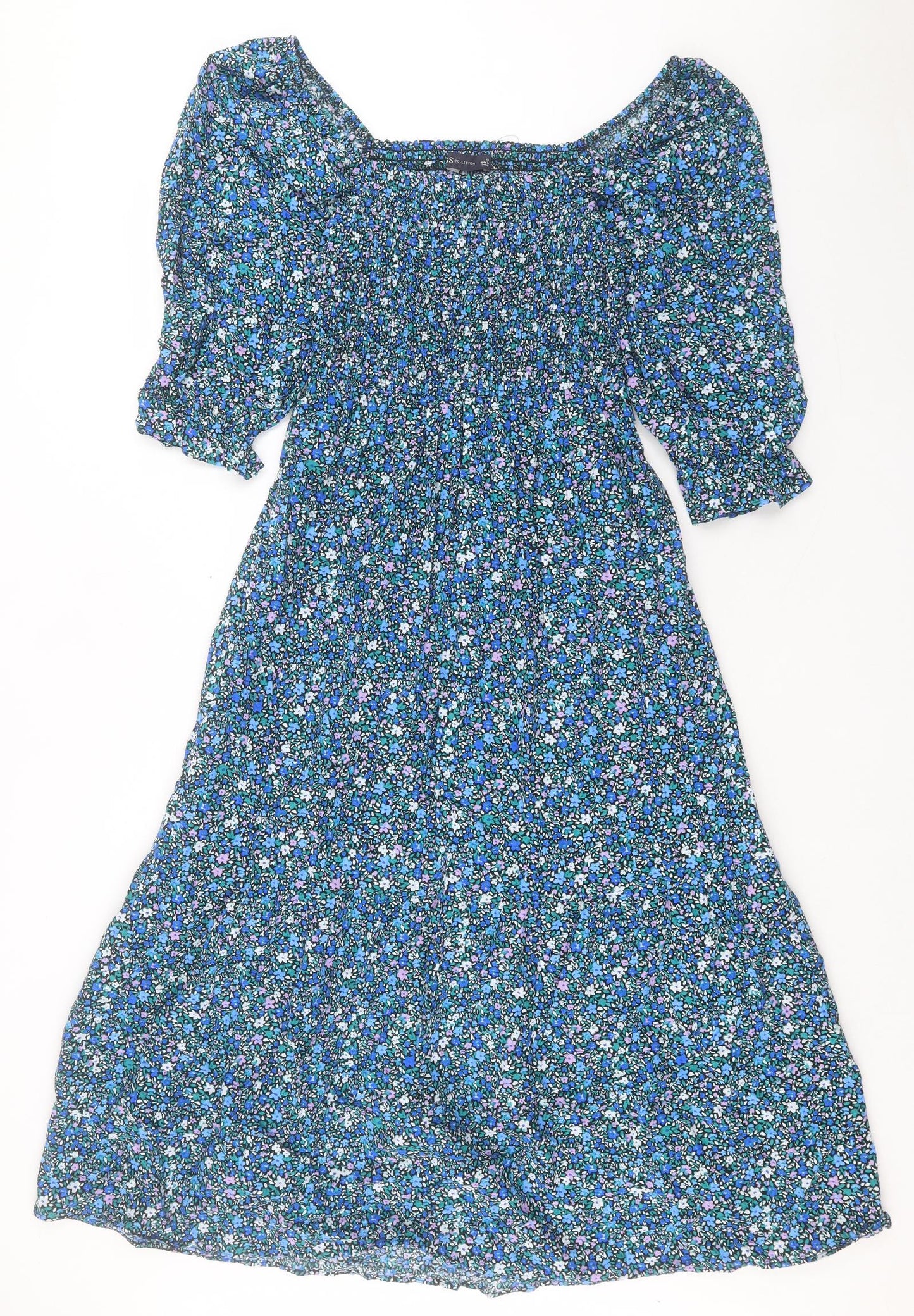 Marks and Spencer Womens Blue Floral Cotton A-Line Size 12 Square Neck Pullover