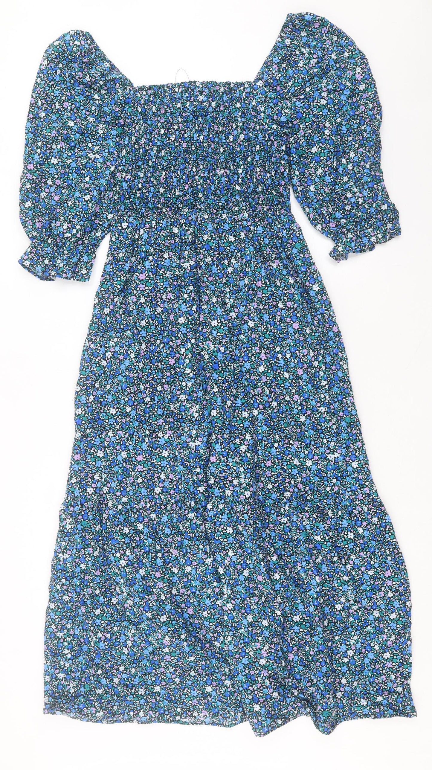 Marks and Spencer Womens Blue Floral Cotton A-Line Size 12 Square Neck Pullover