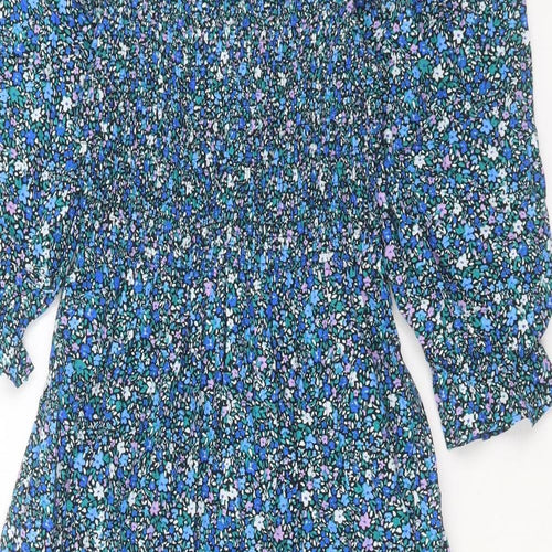 Marks and Spencer Womens Blue Floral Cotton A-Line Size 12 Square Neck Pullover