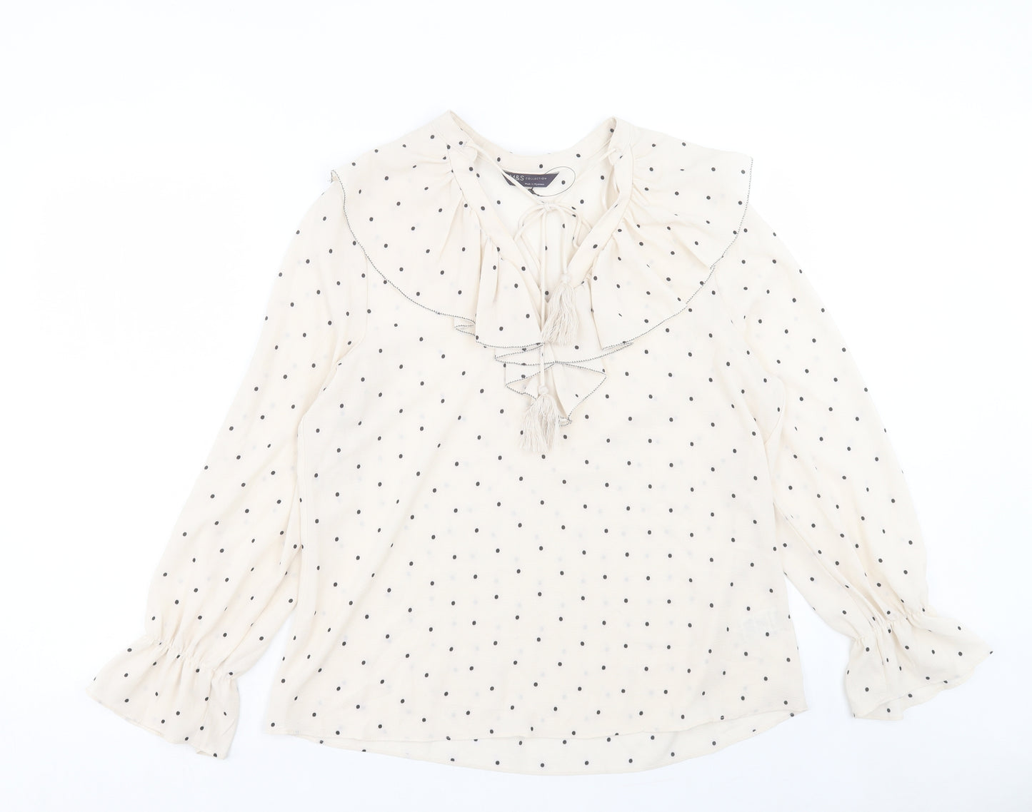 Marks and Spencer Womens Beige Polka Dot Polyester Basic Blouse Size 16 V-Neck