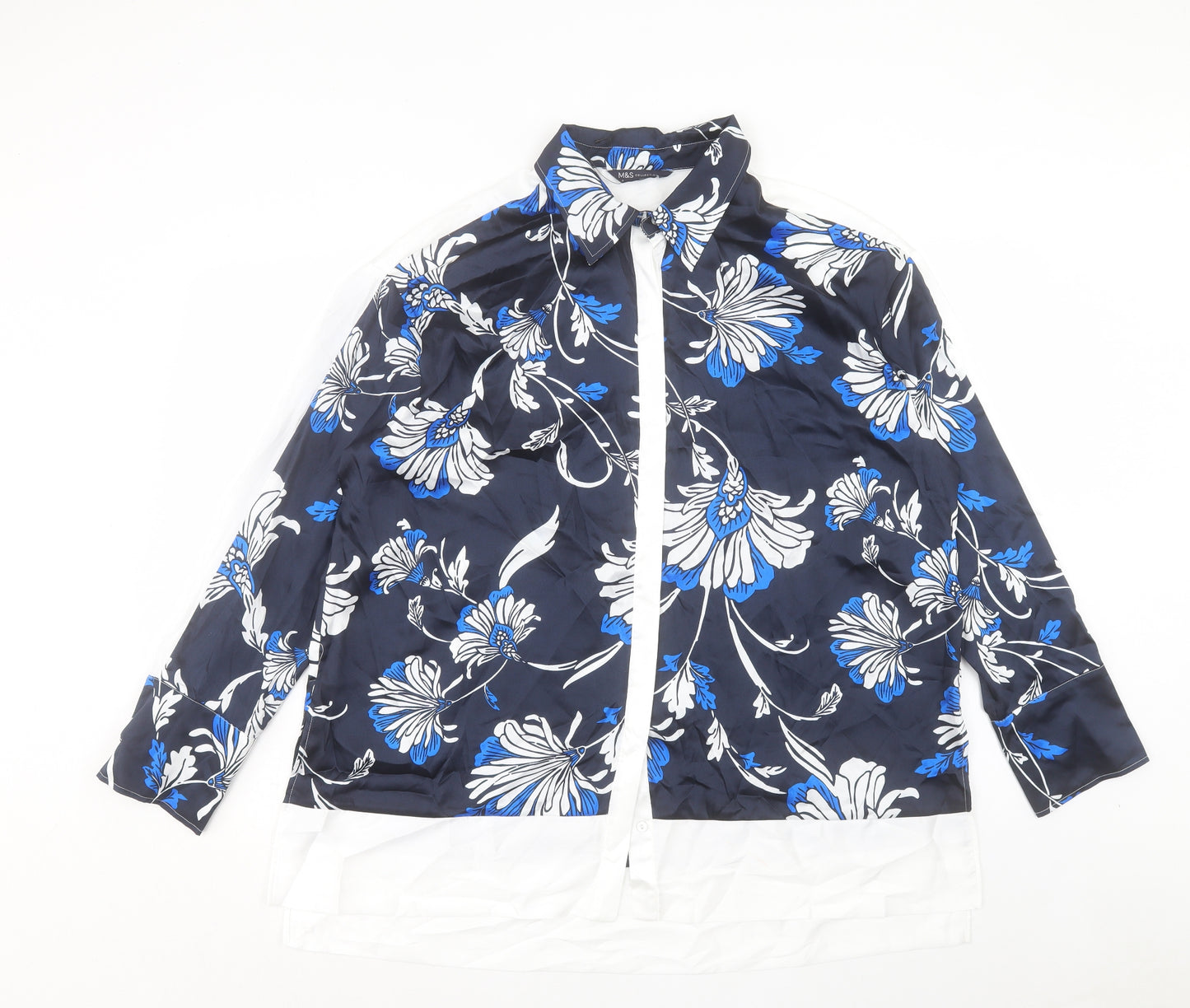 Marks and Spencer Womens Blue Floral Polyester Basic Button-Up Size 18 Collared