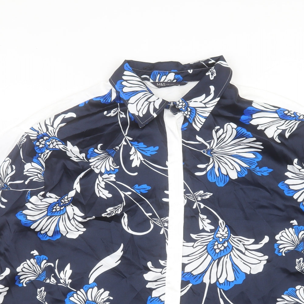 Marks and Spencer Womens Blue Floral Polyester Basic Button-Up Size 18 Collared