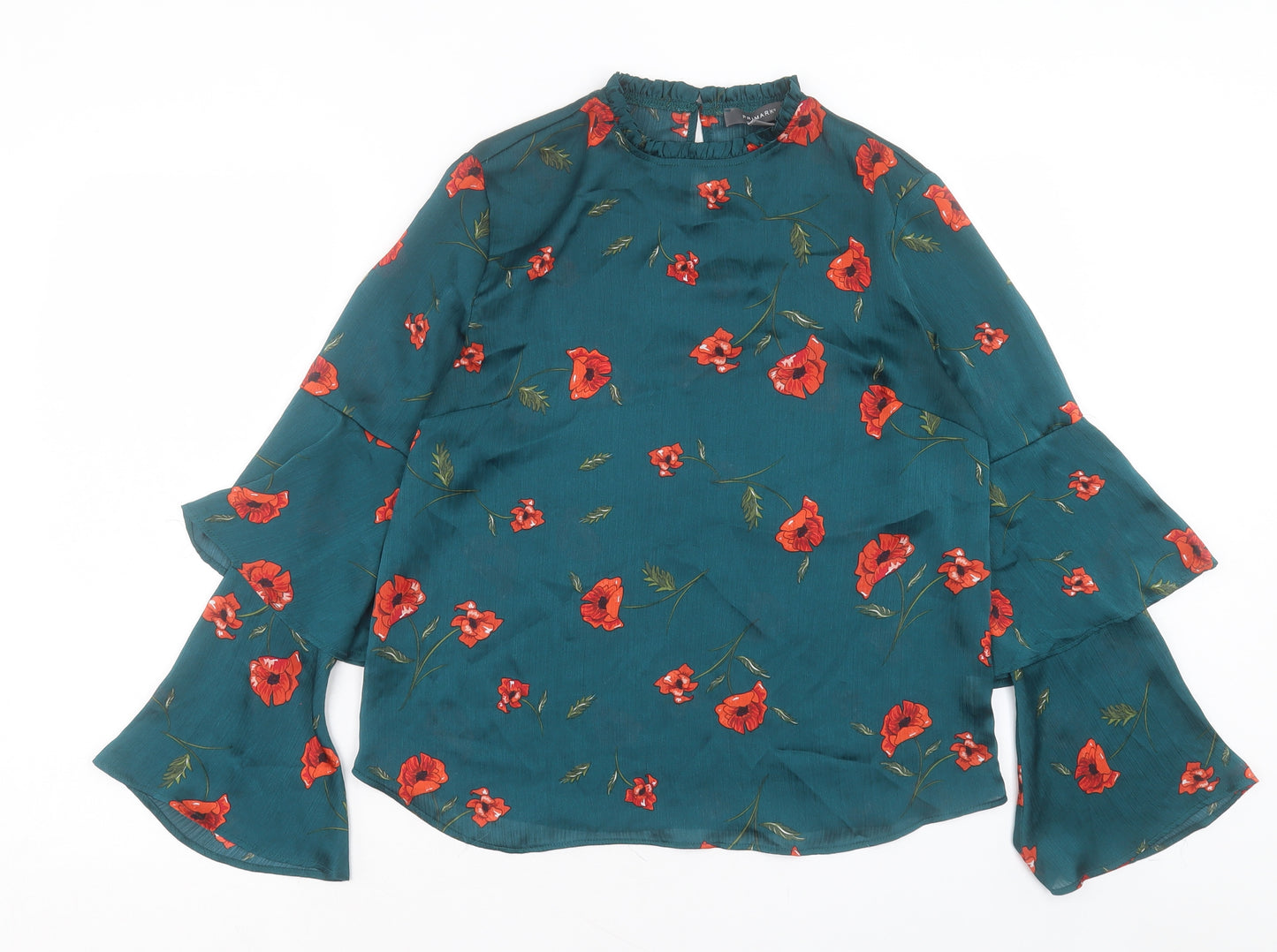 Preworn Womens Green Floral Polyester Basic Blouse Size 10 Collared