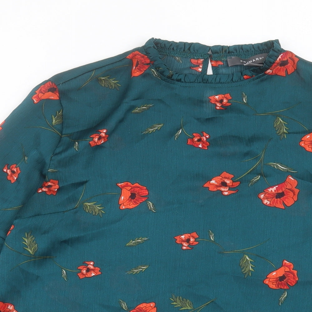 Preworn Womens Green Floral Polyester Basic Blouse Size 10 Collared