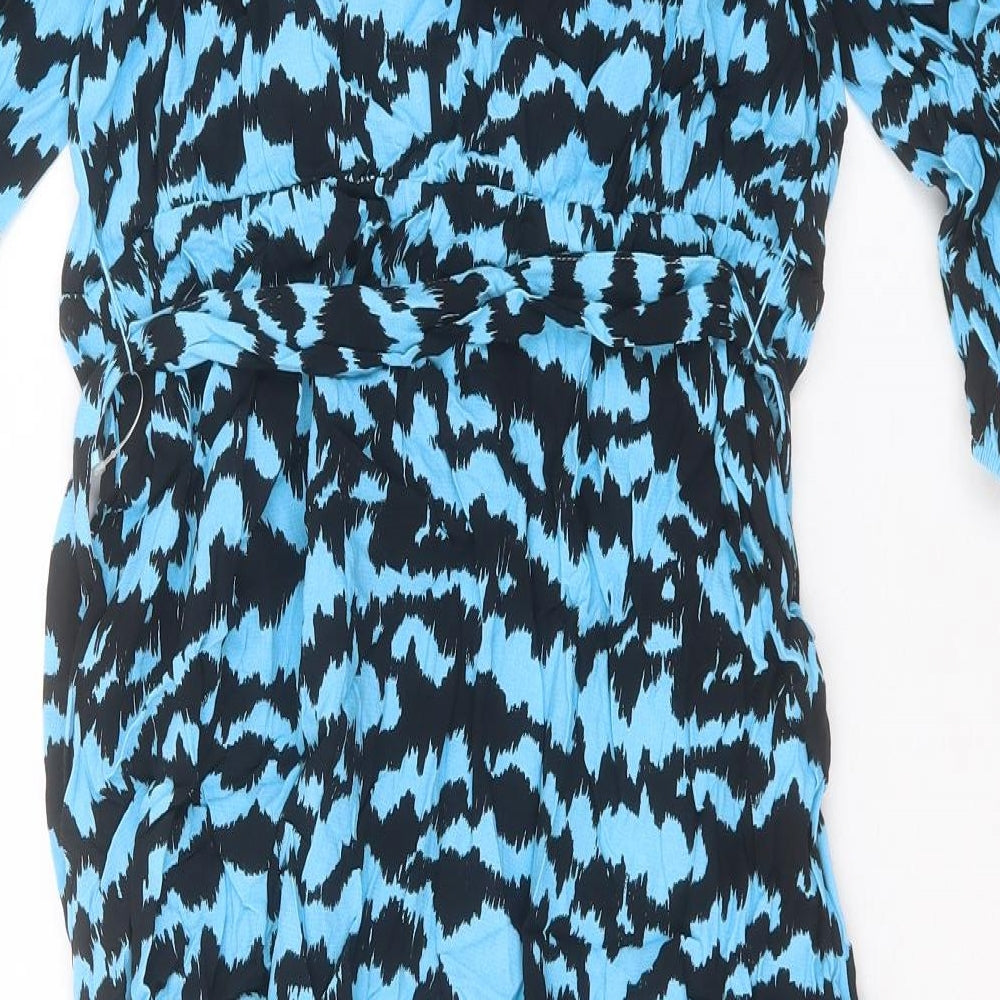 Marks and Spencer Womens Blue Geometric Viscose A-Line Size 14 V-Neck Pullover