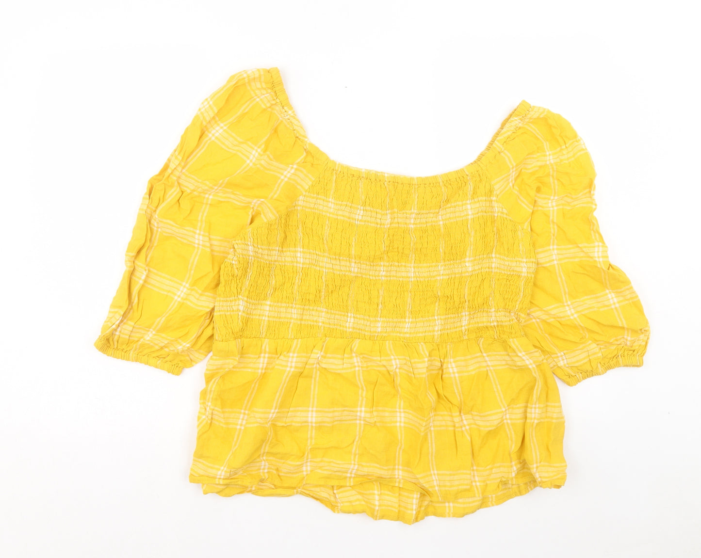 Marks and Spencer Womens Yellow Plaid Cotton Basic T-Shirt Size 18 Square Neck