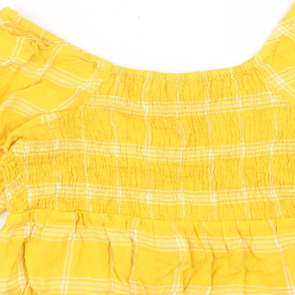 Marks and Spencer Womens Yellow Plaid Cotton Basic T-Shirt Size 18 Square Neck