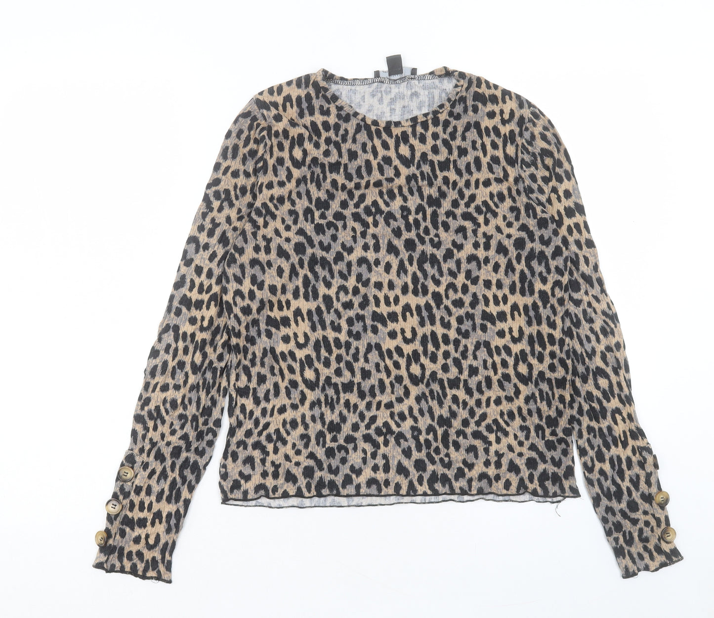 Primark Womens Brown Animal Print Viscose Basic T-Shirt Size M Crew Neck