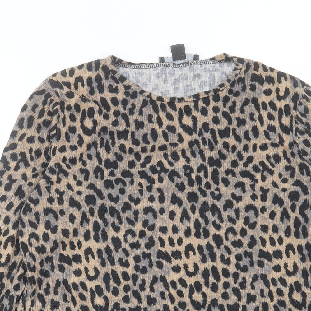 Primark Womens Brown Animal Print Viscose Basic T-Shirt Size M Crew Neck